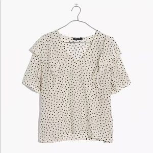 NWOT Madewell Silk V-Neck Shoulder-Ruffle Top in Inkbrush Dots - Size S